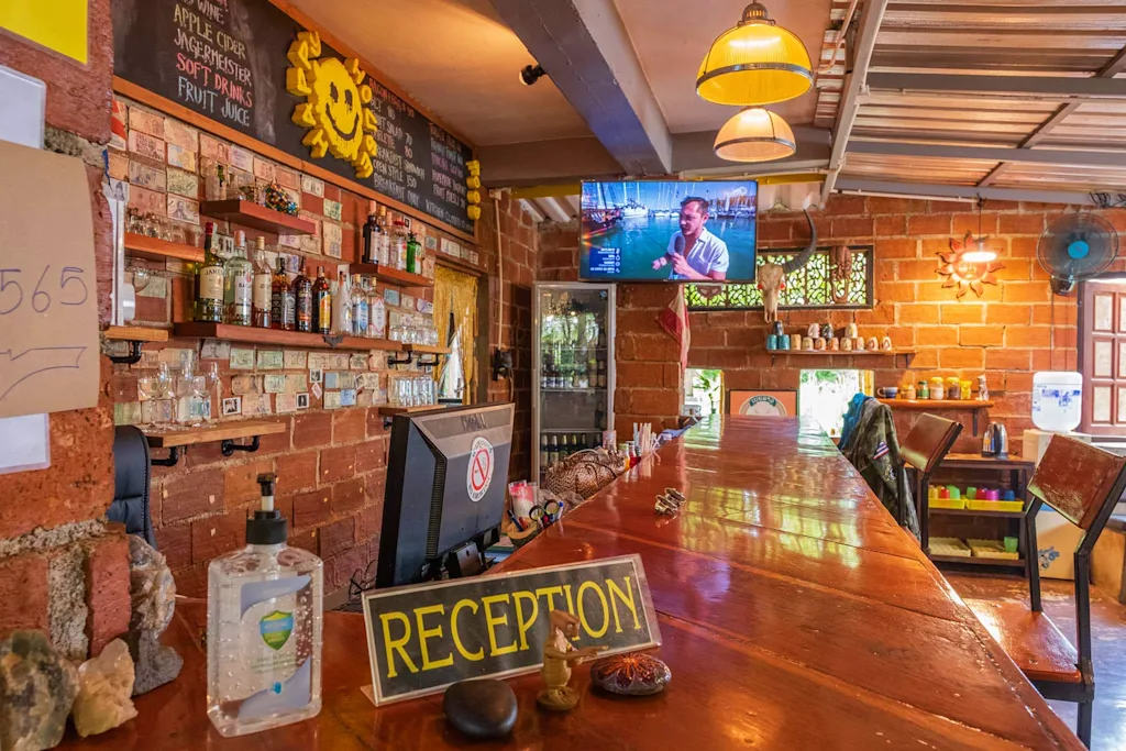 Bar area at Happy House hostel in Pai, Thailand